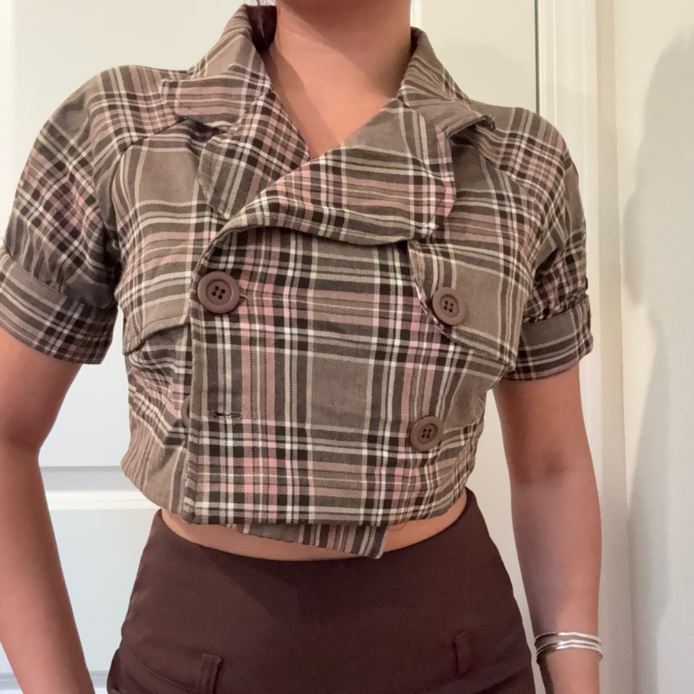 Plaid Cropped Double-Breasted Top